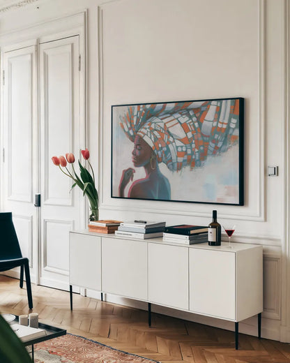 Global Beauty by Wellington Studio. shown as a framed stretched canvas in a living room above a console. Available as a archival giclee rolled canvas, fine art paper, or poster print. SKU 94675i.