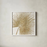 Gold Leaves II 18x18 by Wellington Studio. Shown in a crisp white glass frame for a clean and minimalist style. Available as an archival giclee rolled canvas, fine art paper, or poster print. SKU 17377a.