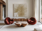 Gold Leaves II 18x18 by Wellington Studio. Shown as extra-large giant wall art in a modern living room. Available as an archival giclee rolled canvas, fine art paper, or poster print. SKU 17377a.