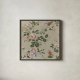 Golden Aviary by Wellington Studio. Shown in a sleek black glass frame for a contemporary gallery look. Available as an archival giclee rolled canvas, fine art paper, or poster print. SKU 90701a.