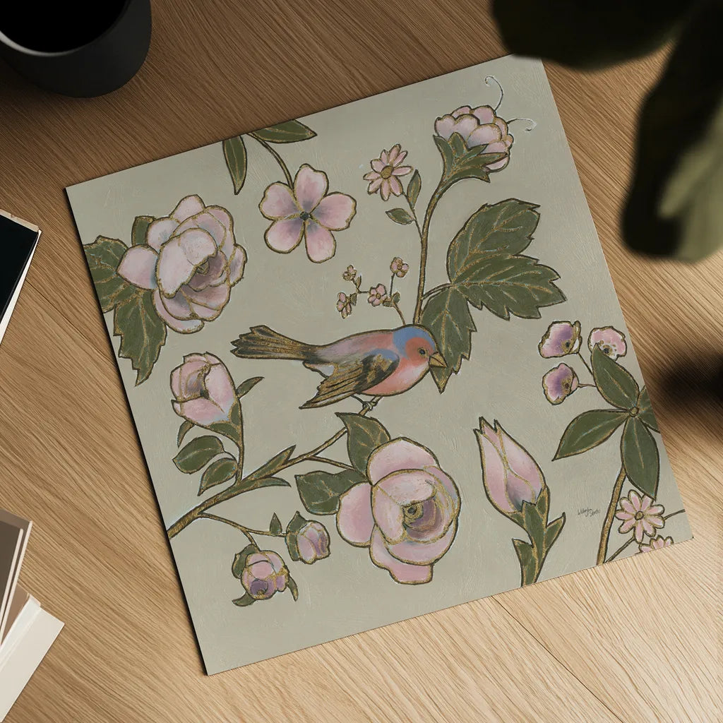 Golden Aviary II by Wellington Studio. Shown as a detailed flat fine art print, highlighting archival giclee quality. Available as an archival giclee rolled canvas, fine art paper, or poster print. SKU 91264a.