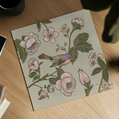 Golden Aviary II by Wellington Studio. Shown as a detailed flat fine art print, highlighting archival giclee quality. Available as an archival giclee rolled canvas, fine art paper, or poster print. SKU 91264a.