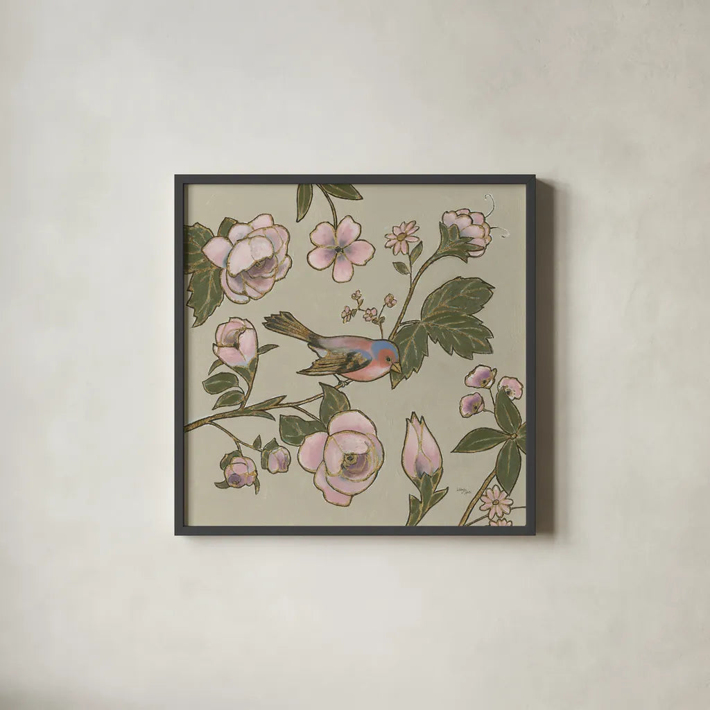 Golden Aviary II by Wellington Studio. Shown in a sleek black glass frame for a contemporary gallery look. Available as an archival giclee rolled canvas, fine art paper, or poster print. SKU 91264a.