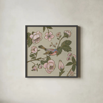 Golden Aviary II by Wellington Studio. Shown in a sleek black glass frame for a contemporary gallery look. Available as an archival giclee rolled canvas, fine art paper, or poster print. SKU 91264a.