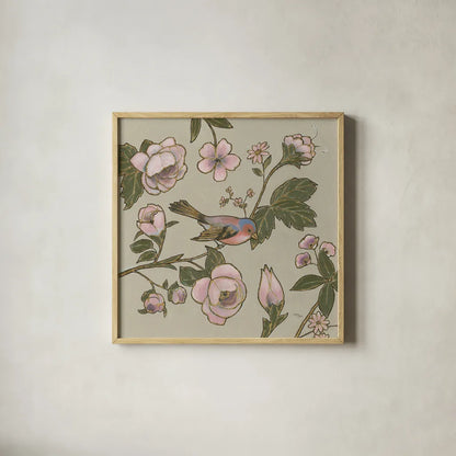 Golden Aviary II by Wellington Studio. Shown in a natural wood glass frame for a timeless modern aesthetic. Available as an archival giclee rolled canvas, fine art paper, or poster print. SKU 91264a.