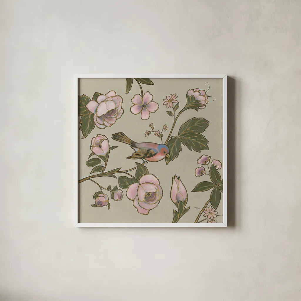 Golden Aviary II by Wellington Studio. Shown in a crisp white glass frame for a clean and minimalist style. Available as an archival giclee rolled canvas, fine art paper, or poster print. SKU 91264a.