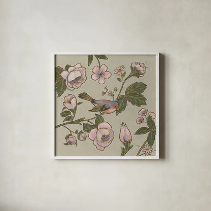 Golden Aviary II by Wellington Studio. Shown in a crisp white glass frame for a clean and minimalist style. Available as an archival giclee rolled canvas, fine art paper, or poster print. SKU 91264a.