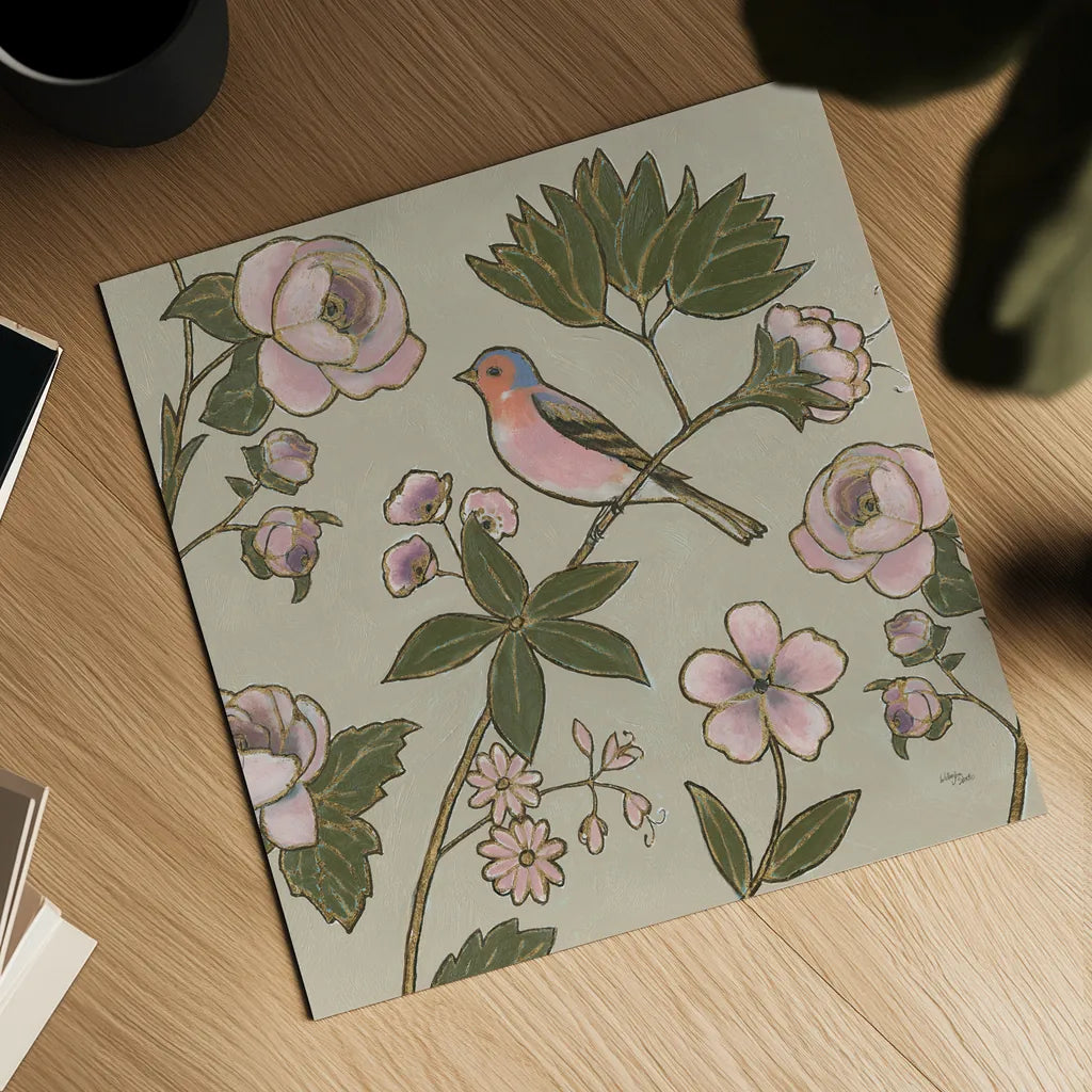 Golden Aviary III by Wellington Studio. Shown as a detailed flat fine art print, highlighting archival giclee quality. Available as an archival giclee rolled canvas, fine art paper, or poster print. SKU 91265a.