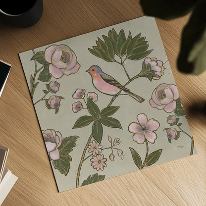 Golden Aviary III by Wellington Studio. Shown as a detailed flat fine art print, highlighting archival giclee quality. Available as an archival giclee rolled canvas, fine art paper, or poster print. SKU 91265a.