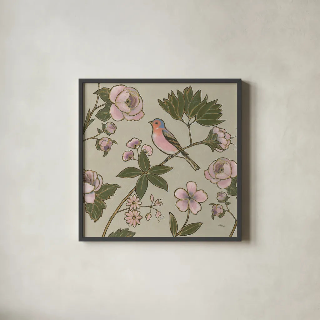 Golden Aviary III by Wellington Studio. Shown in a sleek black glass frame for a contemporary gallery look. Available as an archival giclee rolled canvas, fine art paper, or poster print. SKU 91265a.