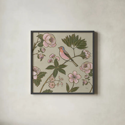 Golden Aviary III by Wellington Studio. Shown in a sleek black glass frame for a contemporary gallery look. Available as an archival giclee rolled canvas, fine art paper, or poster print. SKU 91265a.