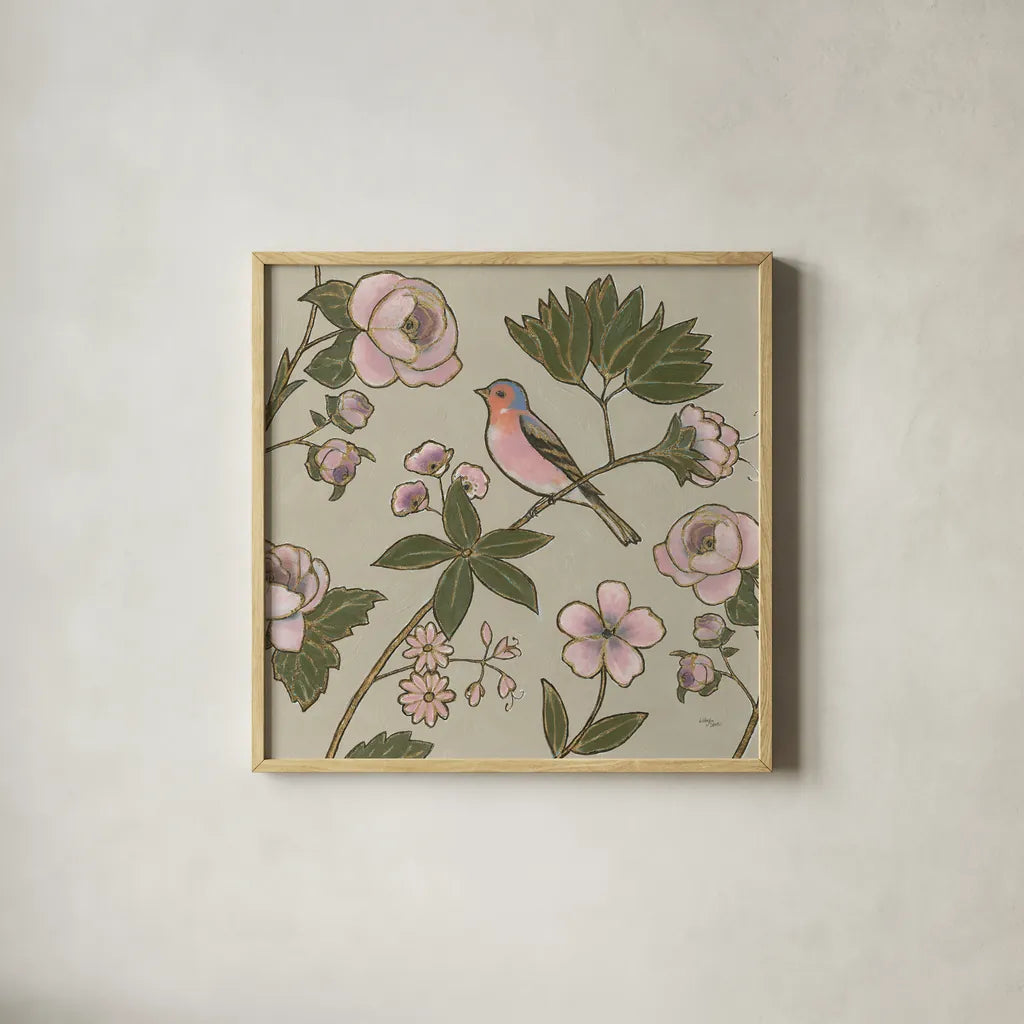 Golden Aviary III by Wellington Studio. Shown in a natural wood glass frame for a timeless modern aesthetic. Available as an archival giclee rolled canvas, fine art paper, or poster print. SKU 91265a.