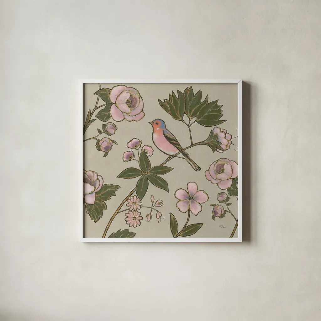 Golden Aviary III by Wellington Studio. Shown in a crisp white glass frame for a clean and minimalist style. Available as an archival giclee rolled canvas, fine art paper, or poster print. SKU 91265a.
