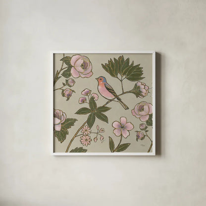 Golden Aviary III by Wellington Studio. Shown in a crisp white glass frame for a clean and minimalist style. Available as an archival giclee rolled canvas, fine art paper, or poster print. SKU 91265a.