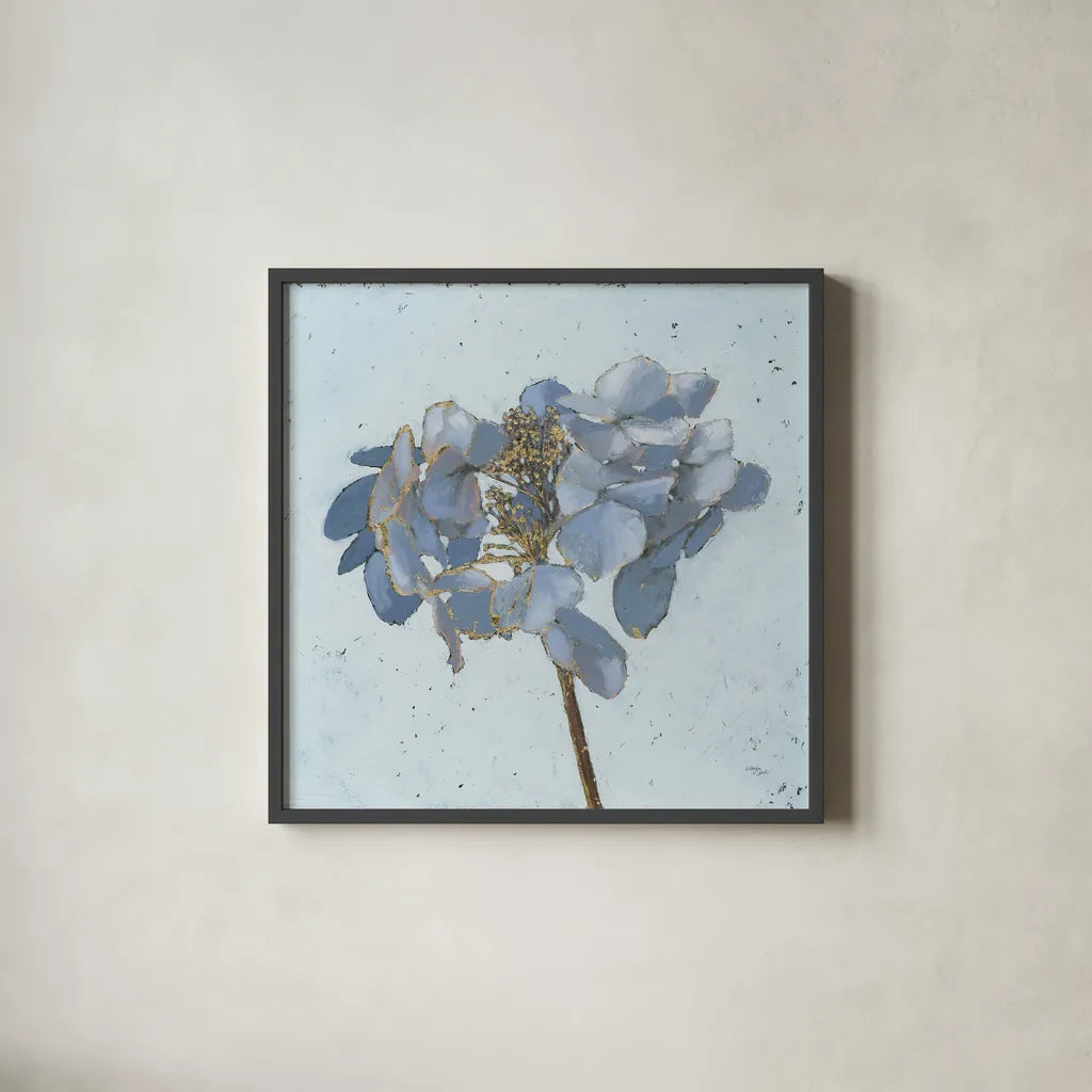 Golden Hydrangea by Wellington Studio. Shown in a sleek black glass frame for a contemporary gallery look. Available as an archival giclee rolled canvas, fine art paper, or poster print. SKU 89381a.