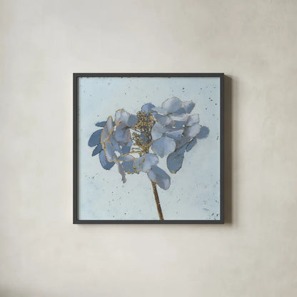 Golden Hydrangea by Wellington Studio. Shown in a sleek black glass frame for a contemporary gallery look. Available as an archival giclee rolled canvas, fine art paper, or poster print. SKU 89381a.