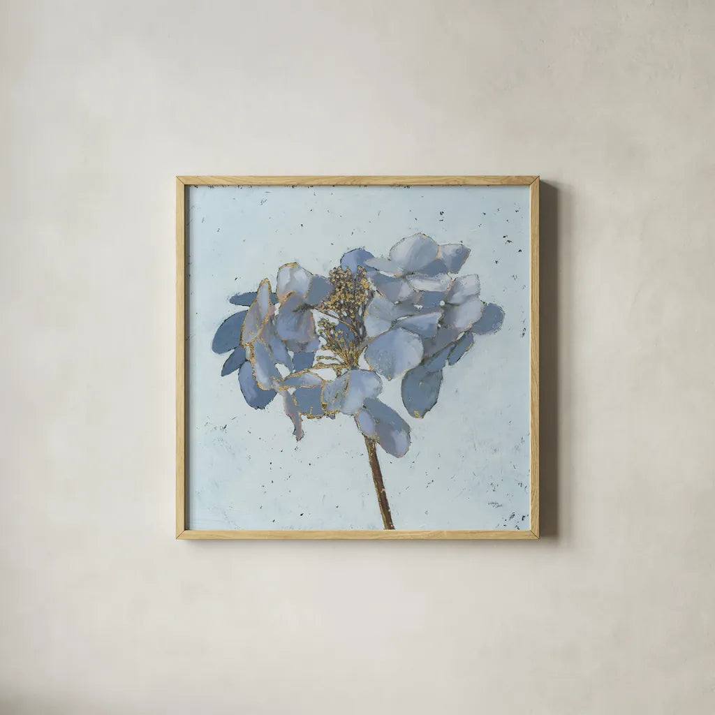 Golden Hydrangea by Wellington Studio. Shown in a natural wood glass frame for a timeless modern aesthetic. Available as an archival giclee rolled canvas, fine art paper, or poster print. SKU 89381a.