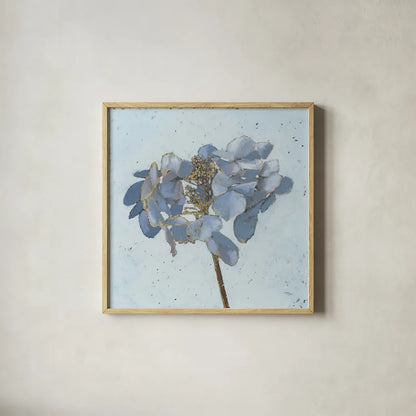 Golden Hydrangea by Wellington Studio. Shown in a natural wood glass frame for a timeless modern aesthetic. Available as an archival giclee rolled canvas, fine art paper, or poster print. SKU 89381a.