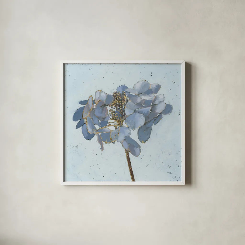 Golden Hydrangea by Wellington Studio. Shown in a crisp white glass frame for a clean and minimalist style. Available as an archival giclee rolled canvas, fine art paper, or poster print. SKU 89381a.