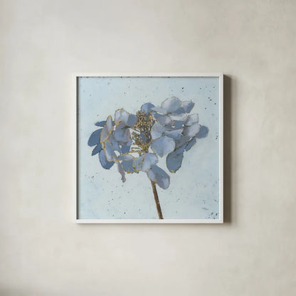 Golden Hydrangea by Wellington Studio. Shown in a crisp white glass frame for a clean and minimalist style. Available as an archival giclee rolled canvas, fine art paper, or poster print. SKU 89381a.