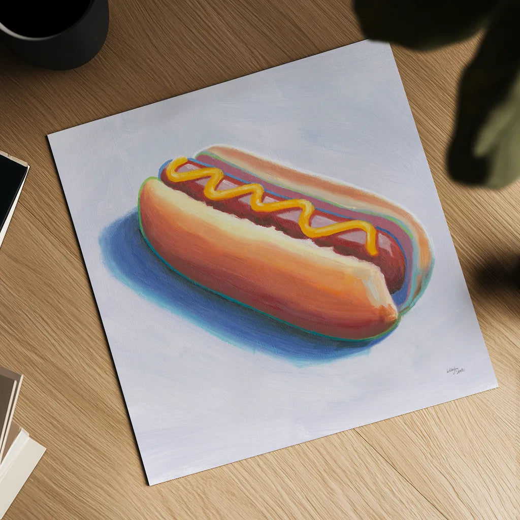 Hot Dog by Wellington Studio. Shown as a detailed flat fine art print, highlighting archival giclee quality. Available as an archival giclee rolled canvas, fine art paper, or poster print. SKU 90501a.