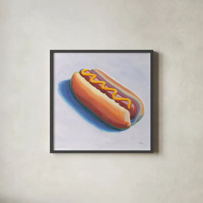 Hot Dog by Wellington Studio. Shown in a sleek black glass frame for a contemporary gallery look. Available as an archival giclee rolled canvas, fine art paper, or poster print. SKU 90501a.