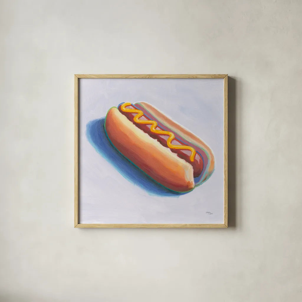 Hot Dog by Wellington Studio. Shown in a natural wood glass frame for a timeless modern aesthetic. Available as an archival giclee rolled canvas, fine art paper, or poster print. SKU 90501a.