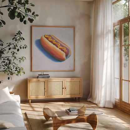 Hot Dog by Wellington Studio. Shown in a natural wood frame in a cozy modern living room. Available as an archival giclee rolled canvas, fine art paper, or poster print. SKU 90501a.