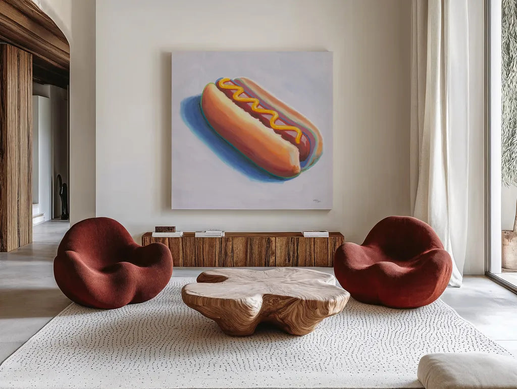 Hot Dog by Wellington Studio. Shown as extra-large giant wall art in a modern living room. Available as an archival giclee rolled canvas, fine art paper, or poster print. SKU 90501a.