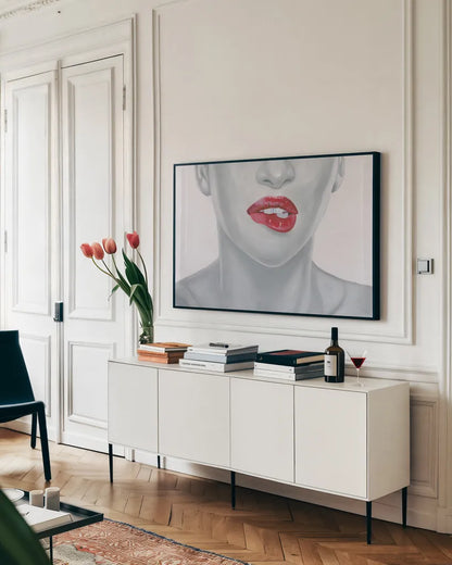 Hot Lips by Wellington Studio. shown as a framed stretched canvas in a living room above a console. Available as a archival giclee rolled canvas, fine art paper, or poster print. SKU 97241i.