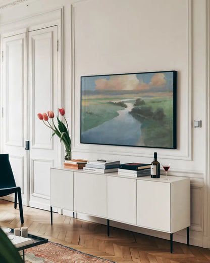 January Landscape by Wellington Studio. shown as a framed stretched canvas in a living room above a console. Available as a archival giclee rolled canvas, fine art paper, or poster print. SKU 89908i.