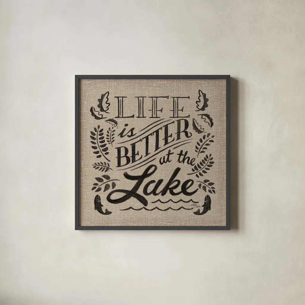 Lake Life I by Wellington Studio. Shown in a sleek black glass frame for a contemporary gallery look. Available as an archival giclee rolled canvas, fine art paper, or poster print. SKU 17290a.