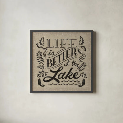 Lake Life I by Wellington Studio. Shown in a sleek black glass frame for a contemporary gallery look. Available as an archival giclee rolled canvas, fine art paper, or poster print. SKU 17290a.