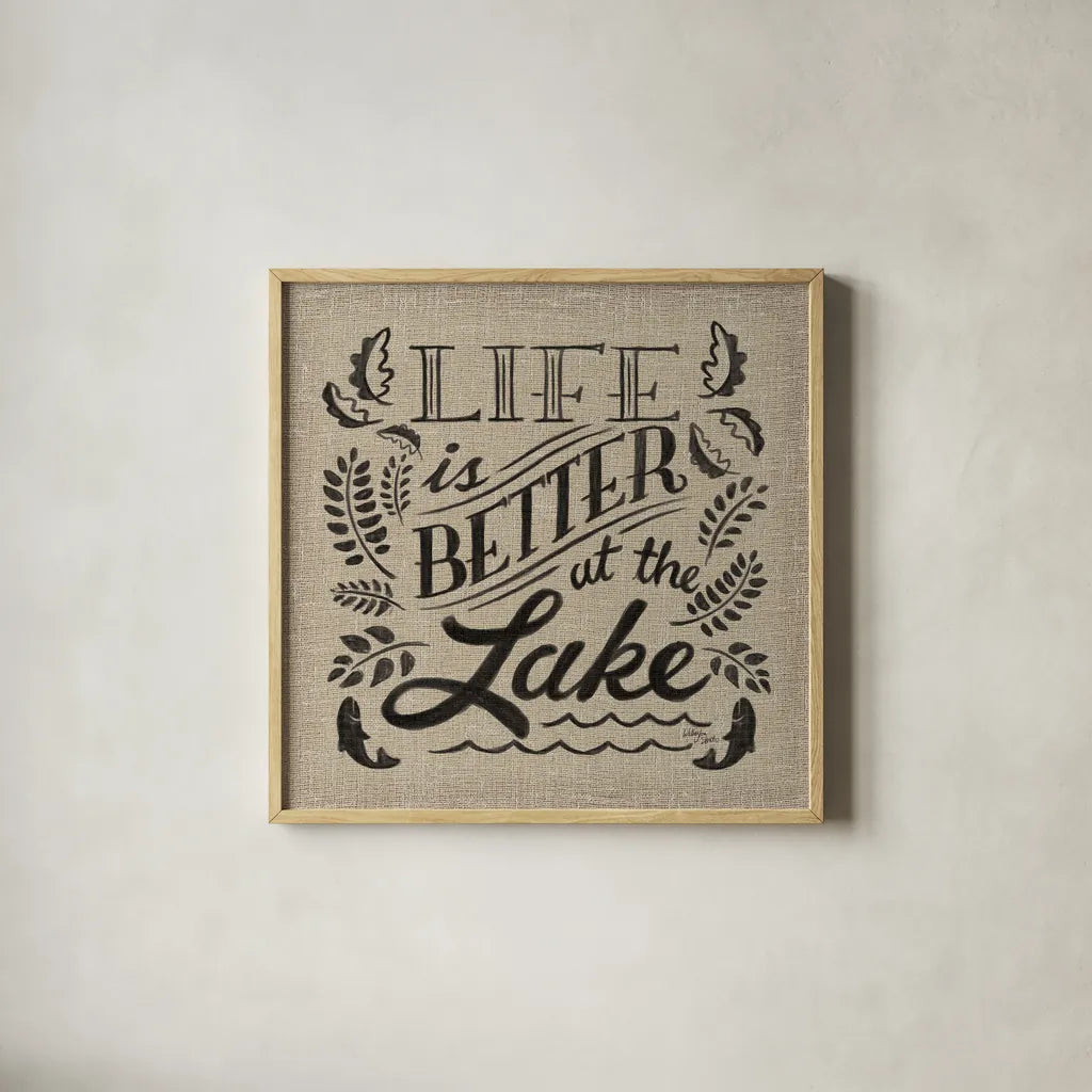 Lake Life I by Wellington Studio. Shown in a natural wood glass frame for a timeless modern aesthetic. Available as an archival giclee rolled canvas, fine art paper, or poster print. SKU 17290a.
