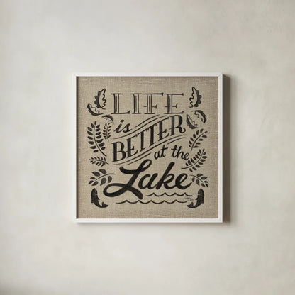 Lake Life I by Wellington Studio. Shown in a crisp white glass frame for a clean and minimalist style. Available as an archival giclee rolled canvas, fine art paper, or poster print. SKU 17290a.