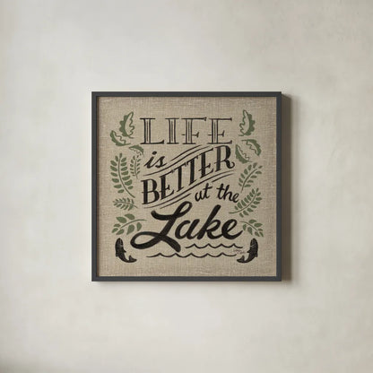 Lake Life I Color by Wellington Studio. Shown in a sleek black glass frame for a contemporary gallery look. Available as an archival giclee rolled canvas, fine art paper, or poster print. SKU 49972a.