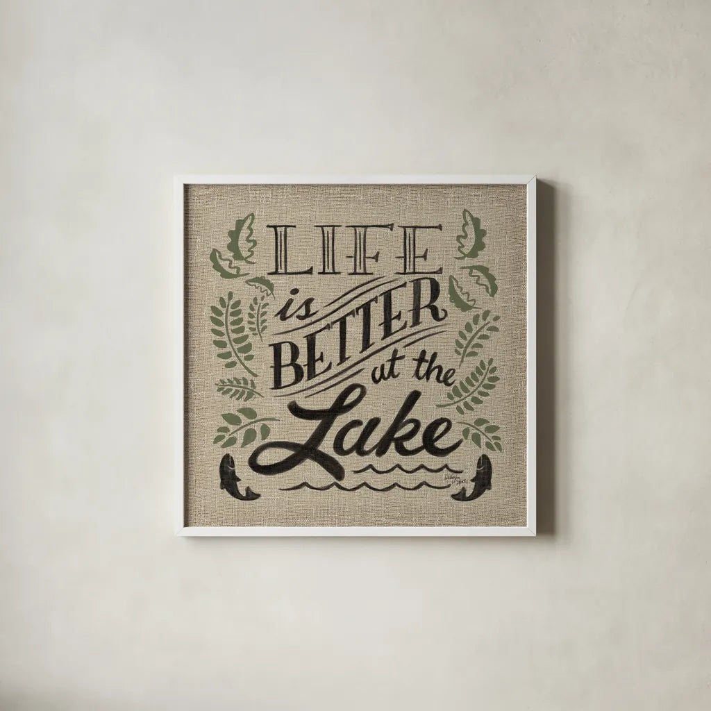 Lake Life I Color by Wellington Studio. Shown in a crisp white glass frame for a clean and minimalist style. Available as an archival giclee rolled canvas, fine art paper, or poster print. SKU 49972a.