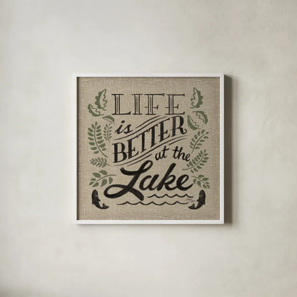 Lake Life I Color by Wellington Studio. Shown in a crisp white glass frame for a clean and minimalist style. Available as an archival giclee rolled canvas, fine art paper, or poster print. SKU 49972a.