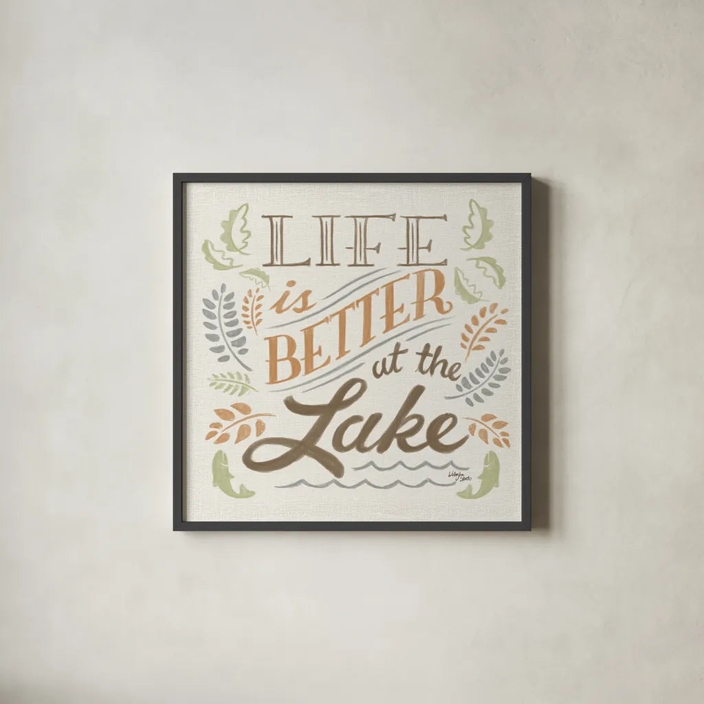 Lake Life I Green by Wellington Studio. Shown in a sleek black glass frame for a contemporary gallery look. Available as an archival giclee rolled canvas, fine art paper, or poster print. SKU 76131a.