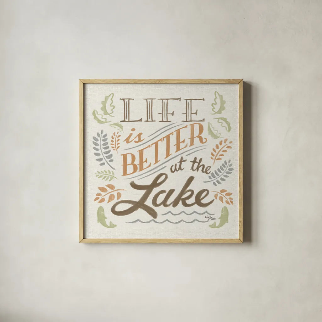 Lake Life I Green by Wellington Studio. Shown in a natural wood glass frame for a timeless modern aesthetic. Available as an archival giclee rolled canvas, fine art paper, or poster print. SKU 76131a.