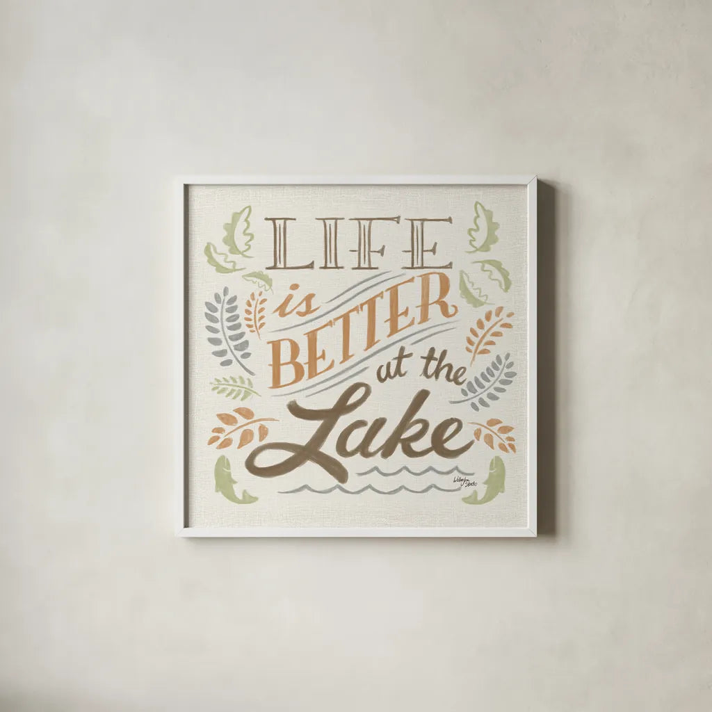 Lake Life I Green by Wellington Studio. Shown in a crisp white glass frame for a clean and minimalist style. Available as an archival giclee rolled canvas, fine art paper, or poster print. SKU 76131a.