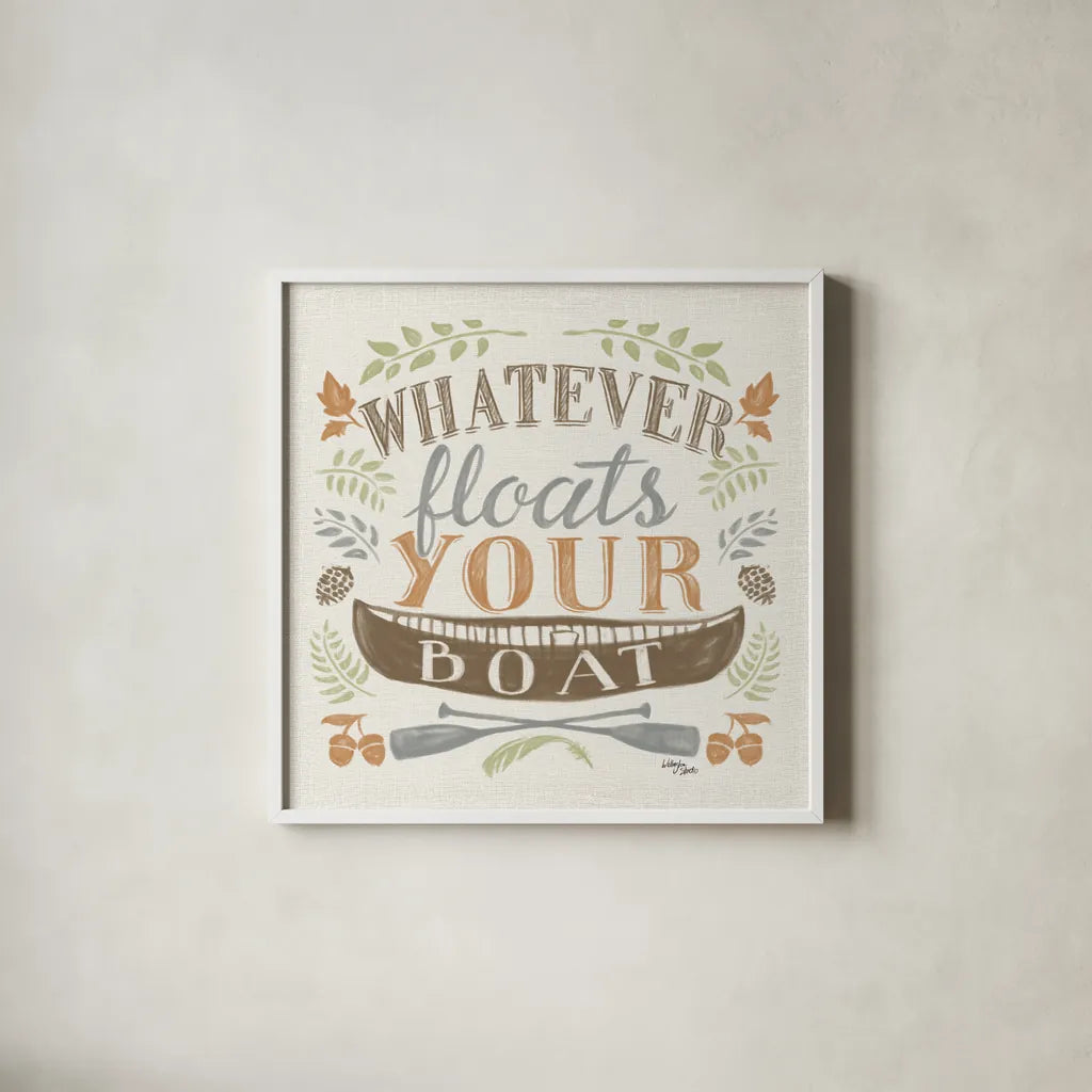 Lake Life II Green by Wellington Studio. Shown in a crisp white glass frame for a clean and minimalist style. Available as an archival giclee rolled canvas, fine art paper, or poster print. SKU 76132a.