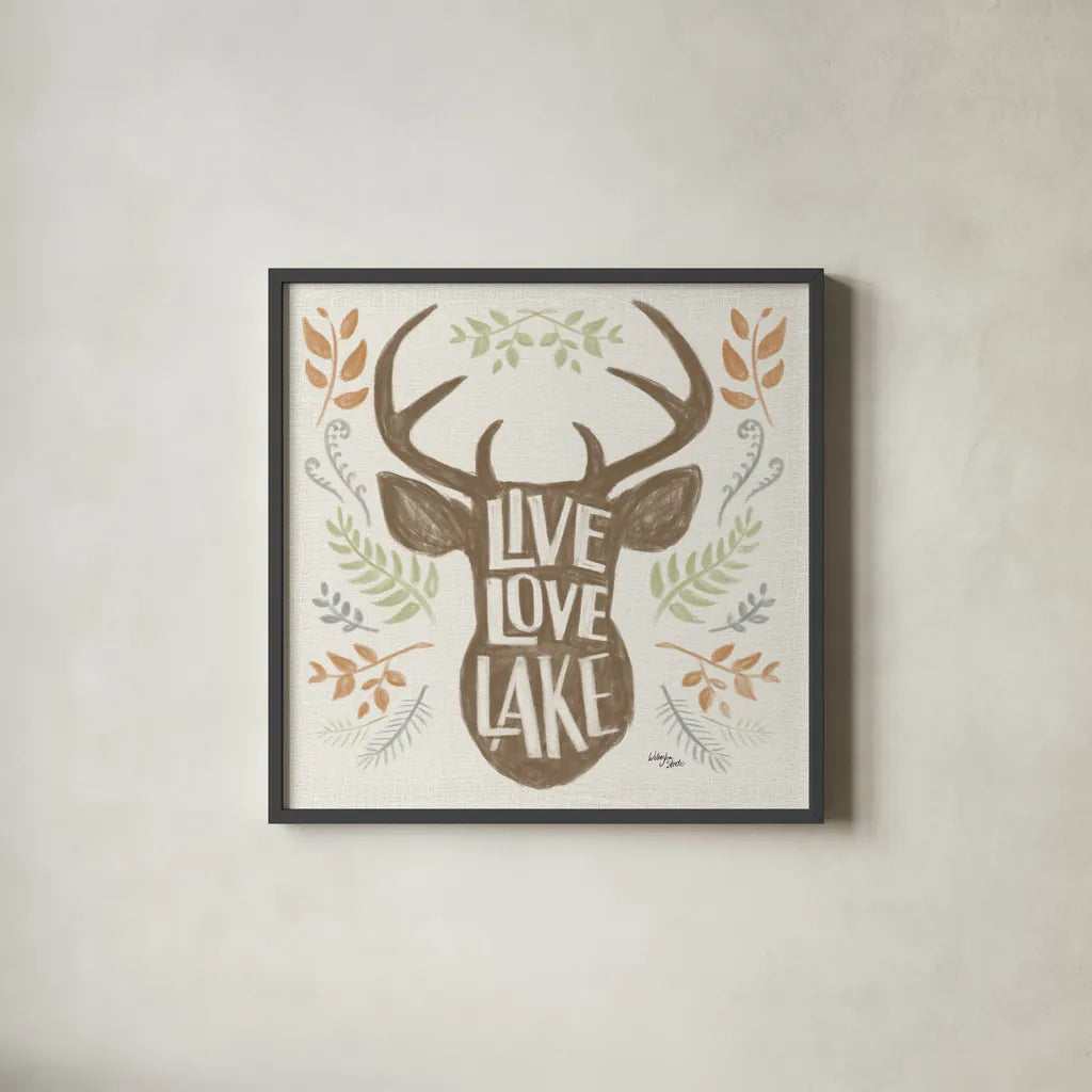 Lake Life III Green by Wellington Studio. Shown in a sleek black glass frame for a contemporary gallery look. Available as an archival giclee rolled canvas, fine art paper, or poster print. SKU 76133a.