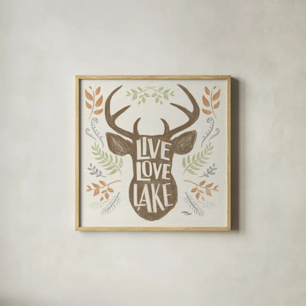 Lake Life III Green by Wellington Studio. Shown in a natural wood glass frame for a timeless modern aesthetic. Available as an archival giclee rolled canvas, fine art paper, or poster print. SKU 76133a.