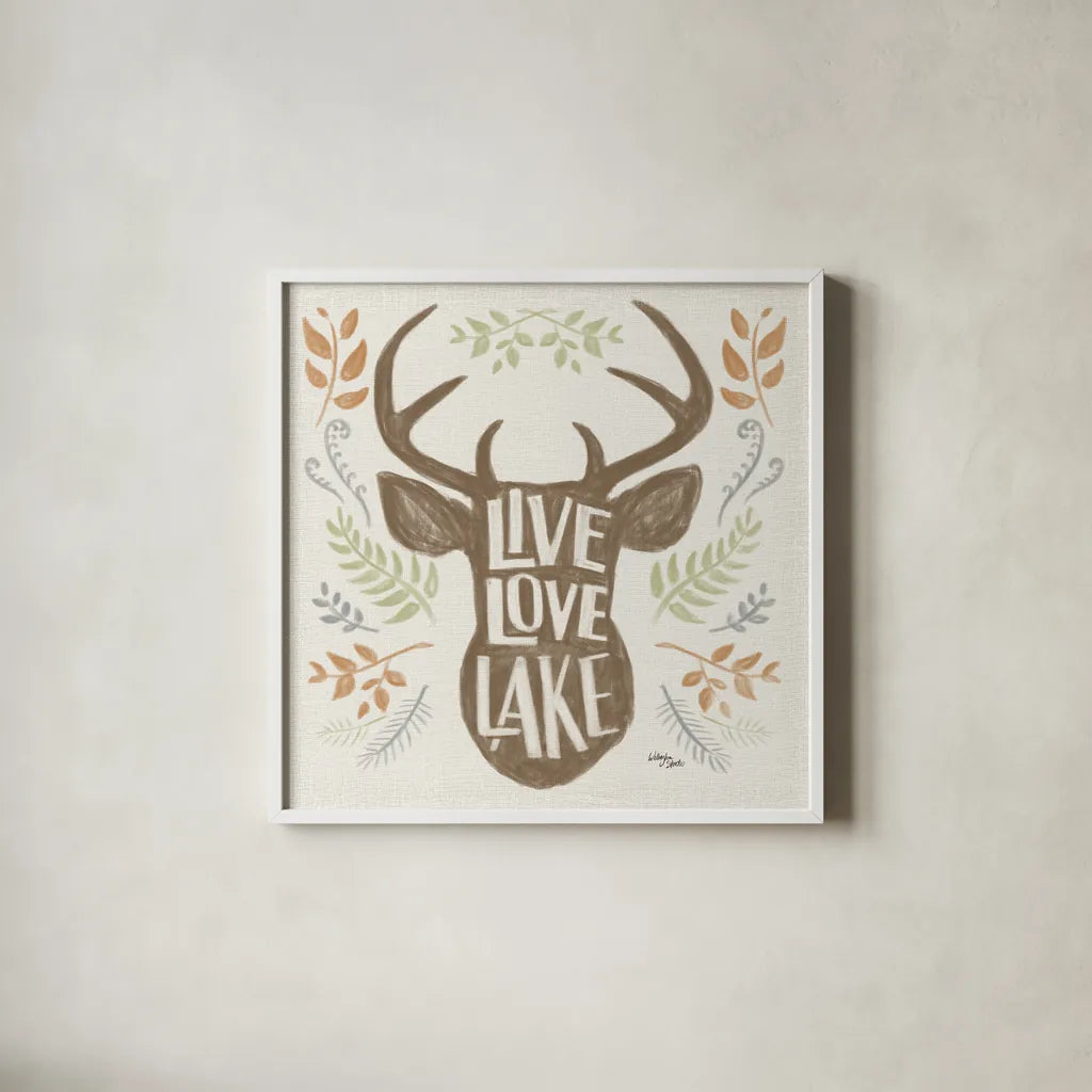 Lake Life III Green by Wellington Studio. Shown in a crisp white glass frame for a clean and minimalist style. Available as an archival giclee rolled canvas, fine art paper, or poster print. SKU 76133a.