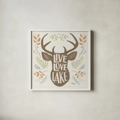 Lake Life III Green by Wellington Studio. Shown in a crisp white glass frame for a clean and minimalist style. Available as an archival giclee rolled canvas, fine art paper, or poster print. SKU 76133a.