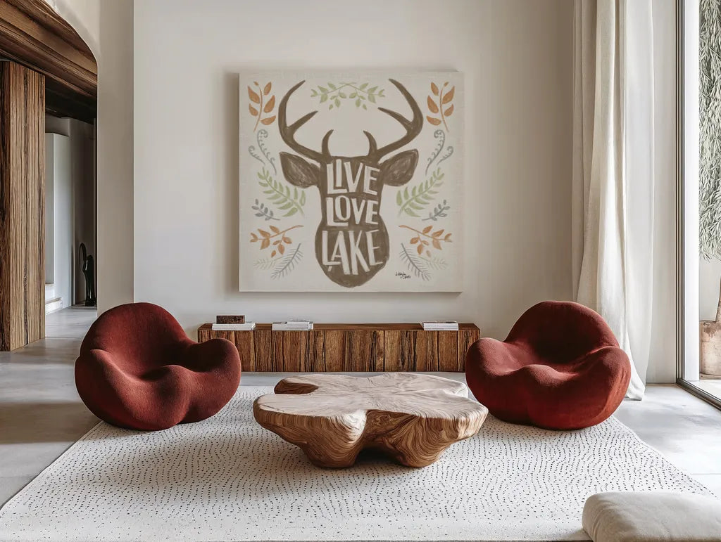 Lake Life III Green by Wellington Studio. Shown as extra-large giant wall art in a modern living room. Available as an archival giclee rolled canvas, fine art paper, or poster print. SKU 76133a.