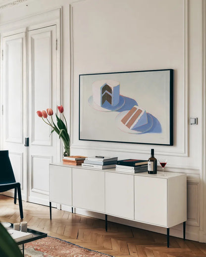 Layer Cake by Wellington Studio. shown as a framed stretched canvas in a living room above a console. Available as a archival giclee rolled canvas, fine art paper, or poster print. SKU 90169i.