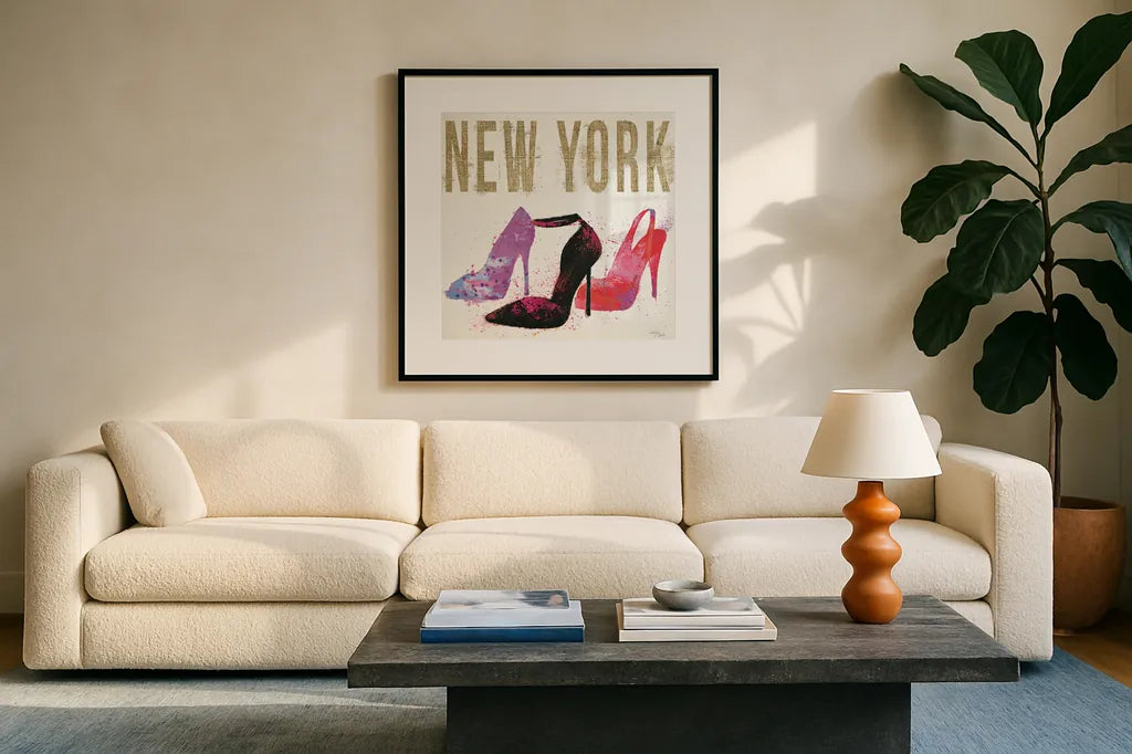 Moda Splash II Light by Wellington Studio. Displayed in a glass frame with matte in a clean modern living room. Available as an archival giclee rolled canvas, fine art paper, or poster print. SKU 17013a.