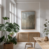 Moon at Dusk Diptych II by Wellington Studio. shown as a print in a natural wood frame in a dining room. Available as a archival giclee rolled canvas, fine art paper, or poster print. SKU 102120h.